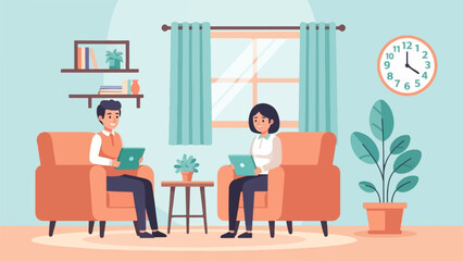 Fototapeta premium Two people sit in armchairs, each with a tablet, in a room