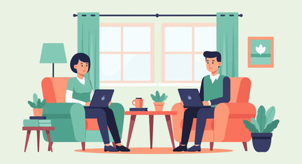Obraz premium Two people sit in armchairs using laptops in a room with two windows