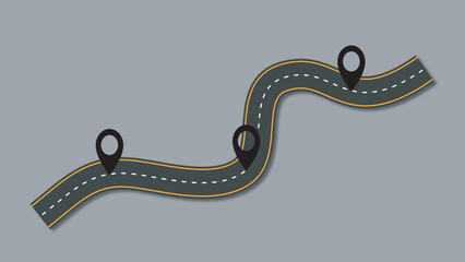 Winding Road with Location Pins on Gray Background, Navigation Concept, Travel Route © MD NUR MIA