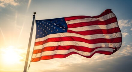 Obraz premium American flag waving in the wind against blue sky with sunlight