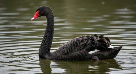 Obraz premium black swan swimming on green lake with red beak and white tip serene scene