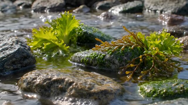 Photorealistic Tidepool Scene of Sea Lettuce and Rockweed Moving in Shallow Surges with Foam Bubbles