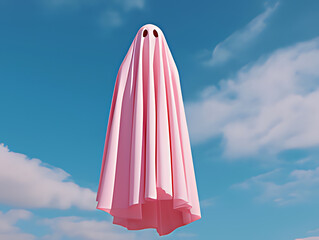 A ghost figure covered in flowing pink fabric floats midair against a bright blue sky. Playful surreal concept blending softness and whimsy.