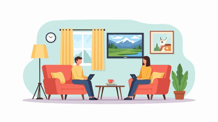 Fototapeta premium Two people sit in chairs with laptops