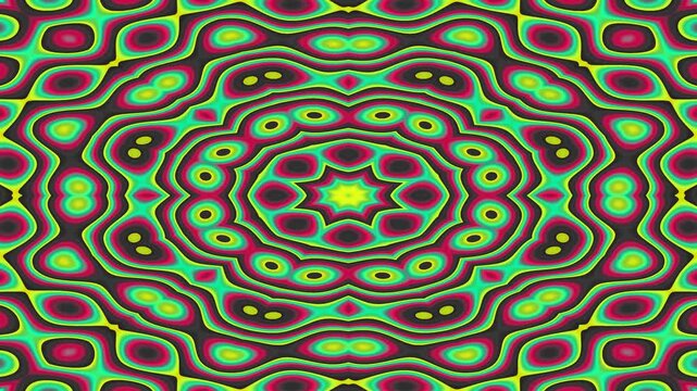 Dynamic abstract kaleidoscope video with neon pink and green patterns.
