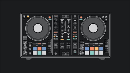 Detailed top view illustration of a modern DJ controller mixing deck with various knobs, buttons, and turntable platters.