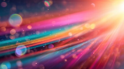 Light beams move in colorful patterns across a dark background