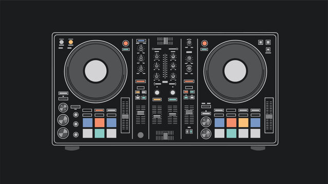 Detailed top view illustration of a modern DJ controller mixing deck with various knobs, buttons, and turntable platters.