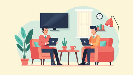 Fototapeta premium Two people sitting on couches with laptops and a television