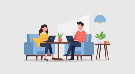 Fototapeta premium Two people sit on a blue sofa using laptops, with plants and books nearby