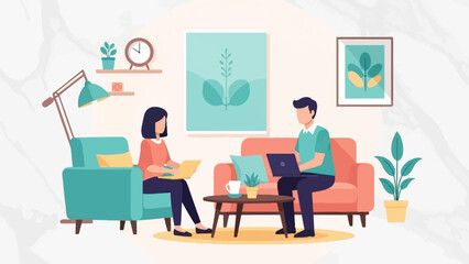 Fototapeta premium Two people work on laptops in a living room with plants and art (1)