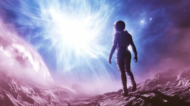 Female astronaut standing on mysterious alien planet while gazing at glowing portal in cosmic sky