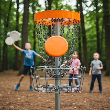 A vibrant orange disc landing in a metal disc golf basket in a wooded park, with children throwing in the blurred background, highlighting youthful recreation.