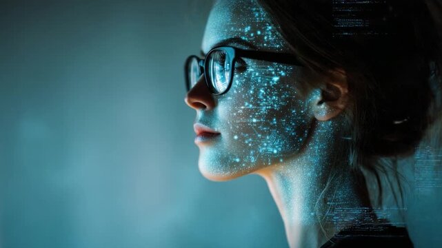 Visionary Gaze: A captivating portrait of a woman with eyeglasses, bathed in a luminous light, her expression conveying a sense of deep thought and contemplation.