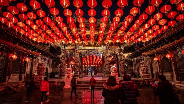 Grand Traditional Chinese Temple Courtyard Decorated with Red Lanterns at Night with Crowd of People