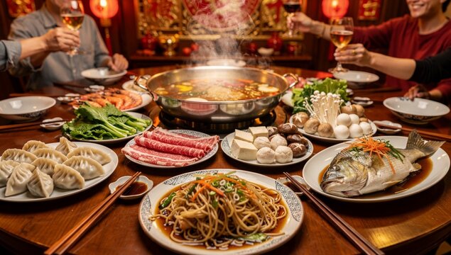 Delicious Chinese New Year Reunion Dinner Feast with Hot Pot Dumplings and Steamed Fish on Wooden Table