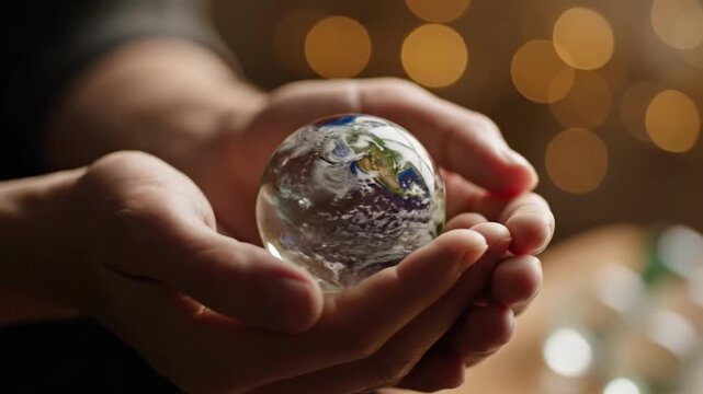 Hands holding a glass globe with a map inside, symbolizing global unity and care.