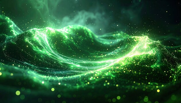 A vibrant green abstract wave of light and particles