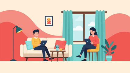 Fototapeta premium Two people work on laptops in a cozy living room with a couch and window
