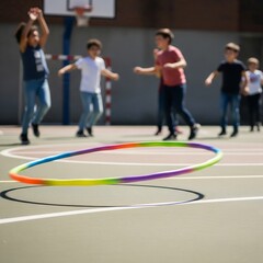 Obraz premium A colorful hula hoop spinning on the ground of an outdoor basketball court, with children dancing in the blurred background, highlighting youthful recreation.