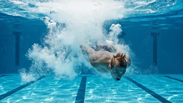 Swimmer diving into a clear blue pool with water splashing around