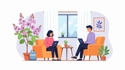 Fototapeta premium Two people work on laptops in a cozy living room with plants and a window
