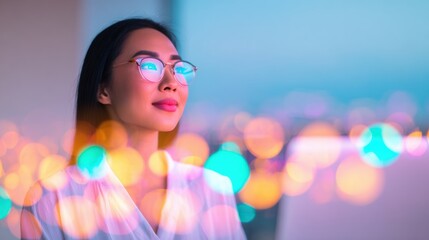 Woman in glasses looking at city lights in evening with computer on desk
