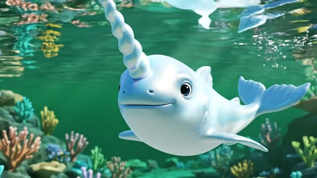 Animated narwhal swimming underwater ocean.
