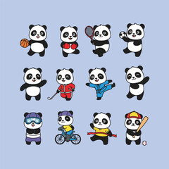 Cute Cartoon Pandas Playing Various Sports