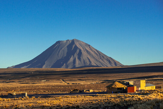 Majestic Misti Volcano landscape with colonial architecture and blue sky, Arequipa, Peru