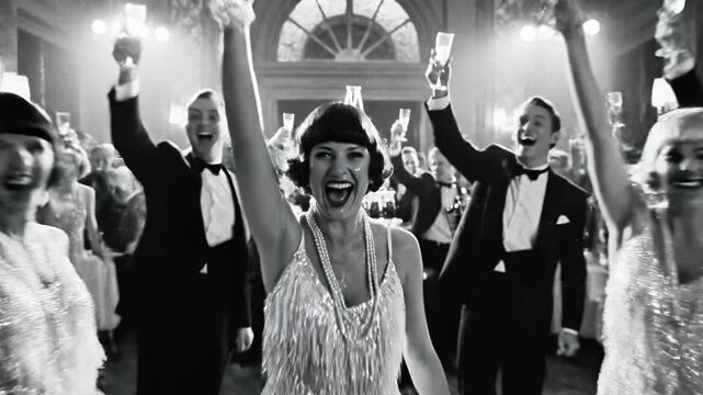 Black and white image of a 1920s party with people dancing and dressed in formal attire