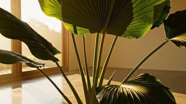 Traveler palm plant in sunlit minimalist room with large green leaves and warm light
