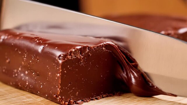 A close-up of a chocolate bar being cut with a knife on a wooden surface