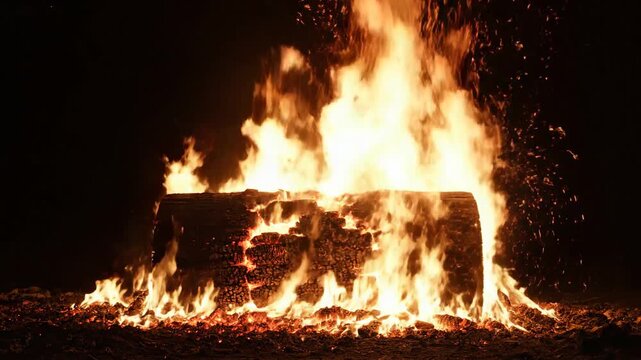 A large log engulfed in intense flames burns fiercely at night in a dark environment, captured in a close-up 4K view.