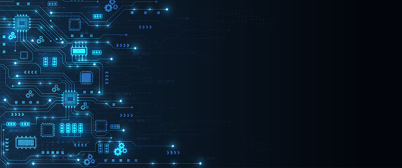 Fototapeta premium Digital circuit board with artificial intelligence microchips and glowing blue technical elements