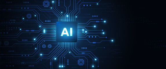 Fototapeta premium Central artificial intelligence processor unit integrated with glowing blue digital circuit lines