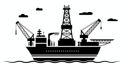 Obraz premium Striking black silhouette illustration of offshore oil platform and ship at sea, featuring industrial energy concept, maritime extraction theme, detailed vector styling, and dramatic ocean horizon com