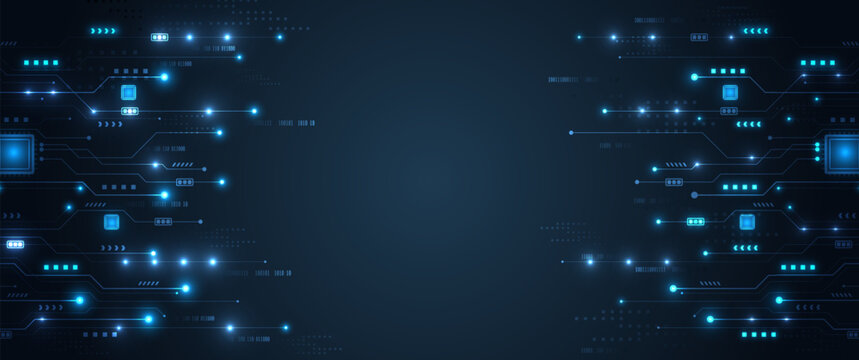 Symmetrical digital circuit boards flanking empty central space with glowing blue nodes