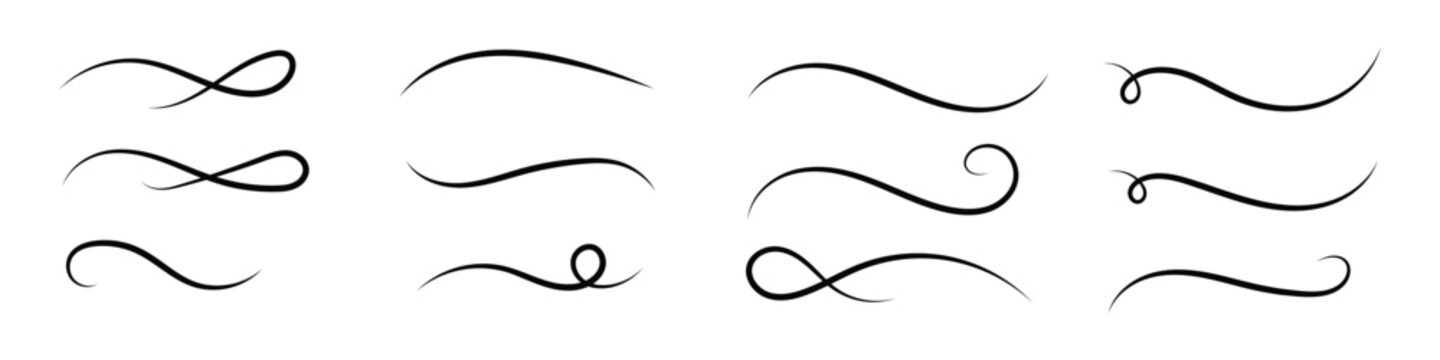 Elegant collection of hand drawn scroll and flourish dividers. Curly swishes, swashes, swoops. Calligraphy swirl. Highlight text element symbol. vector illustration.