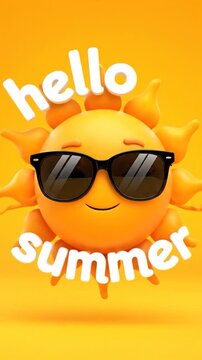 Animated sun wearing sunglasses saying "hello summer" on a yellow background