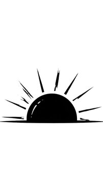 A black and white graphic depicting a sunrise or sunset, half-circle with rays