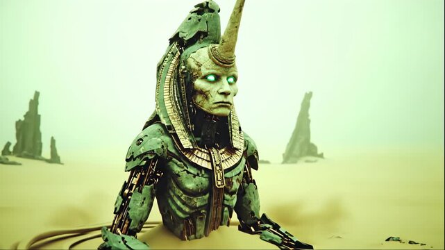 Ancient alien man statue emerging from desert sand. Sci-fi anubis-like creature with glowing eyes fantasy animation.