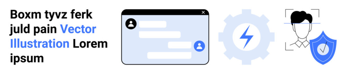 Obraz premium Cybersecurity, identity verification, digital authentication, secure communication, data protection, technology interface. Chat window, gear, lightning bolt face recognition icon with shield