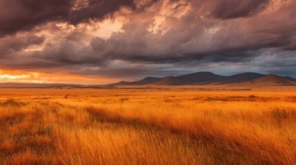 Golden savanna landscape at sunset with dramatic stormy clouds and distant mountains