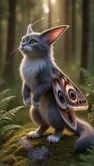 Magical butterfly-winged cat standing alert in sunlit forest moss, fantasy creature with glowing eyes and intricate wings
