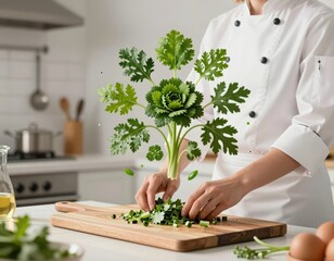 Chef chopping fresh cilantro leaves on wooden cutting board in bright modern kitchen