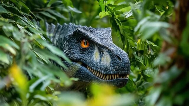 A dinosaur emerges from dense green foliage. This stunning scene captures the majesty of prehistoric life. Explore the world of imagination and wonder. Generative AI