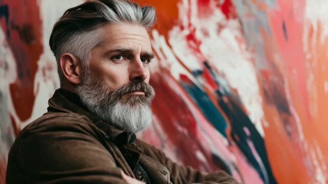 A stylish man with a distinguished beard poses thoughtfully. His captivating style contrasts against vibrant art. Explore the essence of individuality. Generative AI