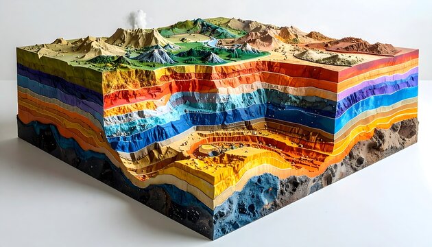 Cross-section of Earths geological layers and landscape.