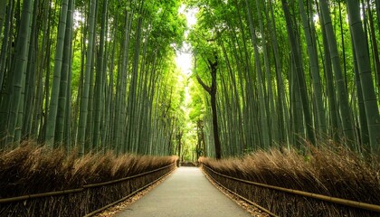 A serene pathway through a lush green bamboo forest with sunlight filtering through the tall stalks.